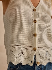 Ecru Button Front Crochet 100% Cotton Waistcoat - Image 4 of 6