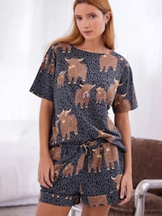 Navy Hamish the Highland Cow 100% Cotton Short Sleeve Pyjamas - Image 1 of 7
