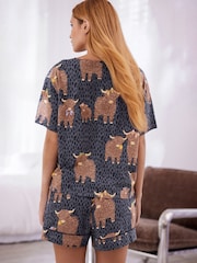 Navy Hamish the Highland Cow 100% Cotton Short Sleeve Pyjamas - Image 2 of 7