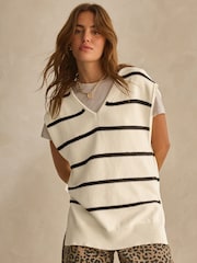 Ecru/Black Stripe Knitted V-Neck Tank Top - Image 2 of 6