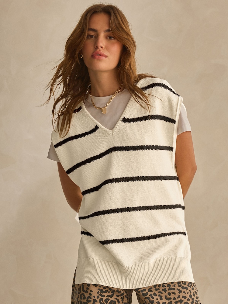 Ecru/Black Stripe Knitted V-Neck Tank Top - Image 2 of 6