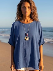 Roman Blue Plain Tunic Top with Necklace - Image 1 of 4