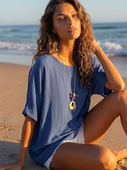 Roman Blue Plain Tunic Top with Necklace - Image 2 of 4