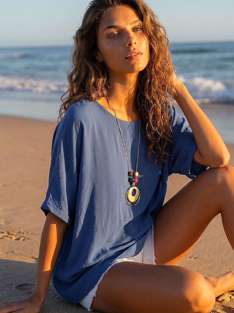 Roman Blue Plain Tunic Top with Necklace - Image 2 of 4 Roman Blue Plain Tunic Top with Necklace - Image 2 of 4
