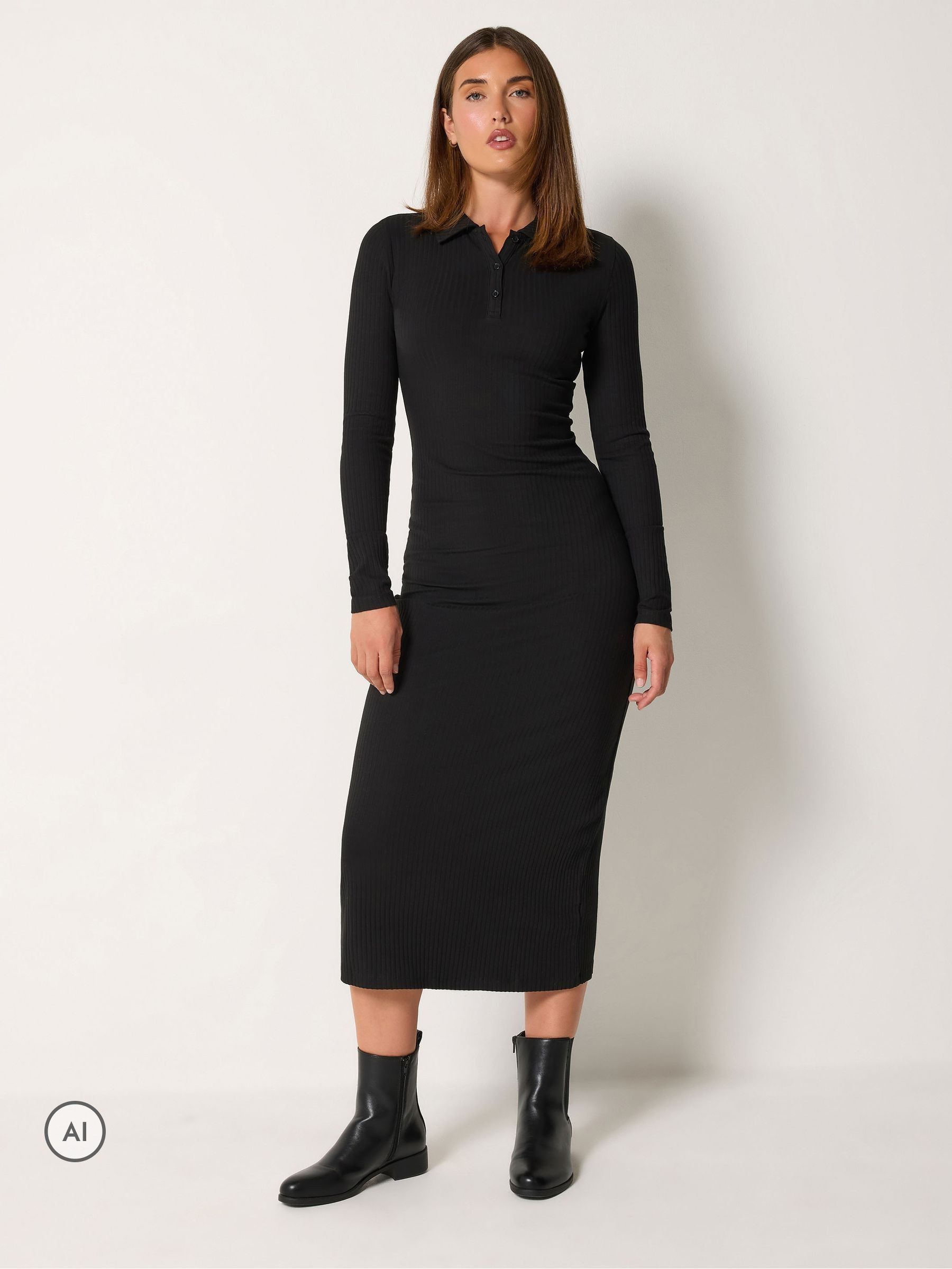 Lts Women's Black Tall Button Ribbed Midi Dress Size 20 - Image 2
