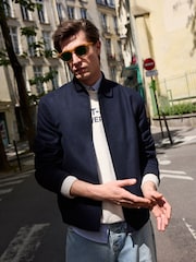 Navy Blue Wool Blend Bomber Jacket - Image 1 of 11