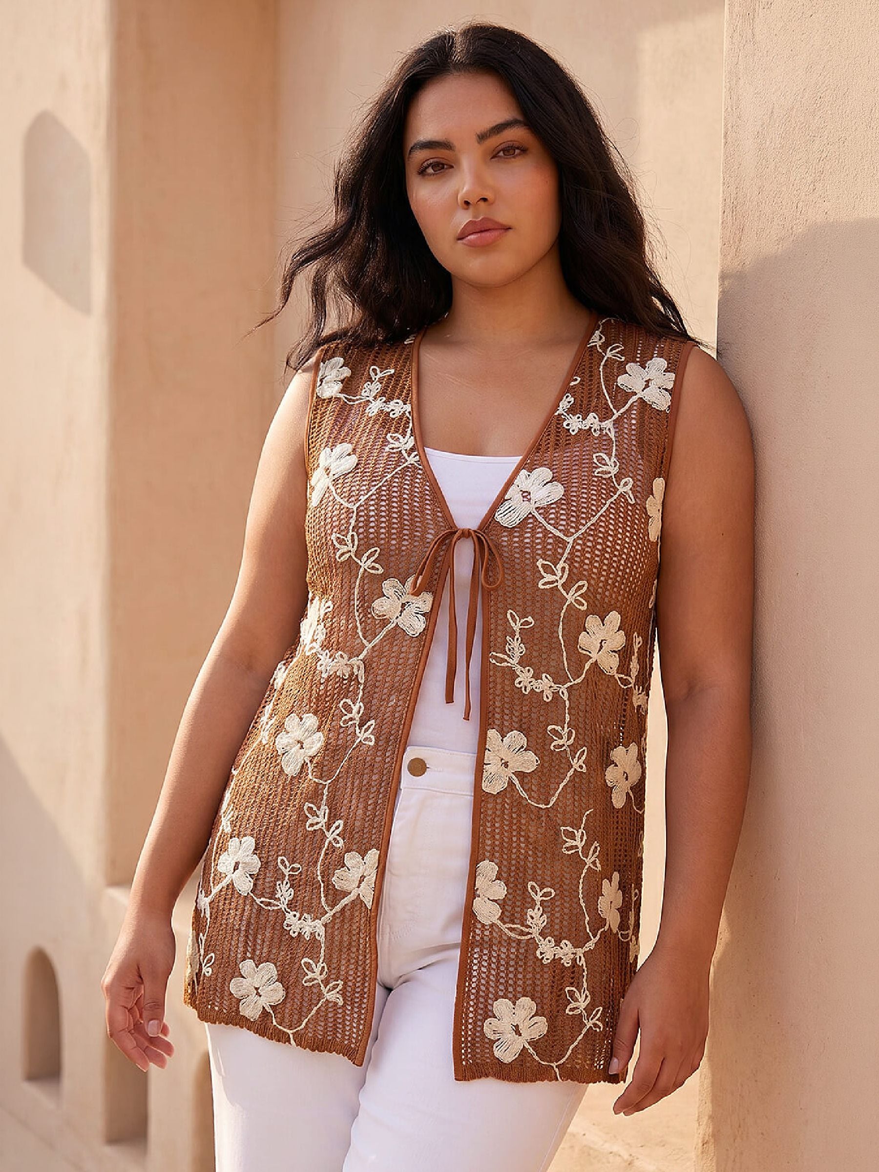 Roman Women's Brown Curve Textured Tie Front Waistcoat