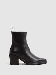 Reiss Black Sienna Leather Heeled Western Boots - Image 1 of 6