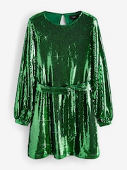 Green Long Sleeve Belted Sequin Mini Dress - Image 1 of 6
