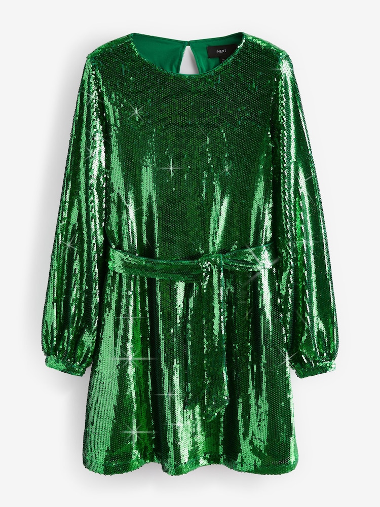 Green Long Sleeve Belted Sequin Mini Dress - Image 1 of 6