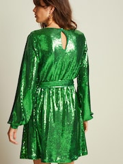 Green Long Sleeve Belted Sequin Mini Dress - Image 3 of 6
