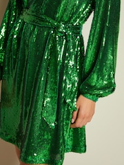 Green Long Sleeve Belted Sequin Mini Dress - Image 4 of 6