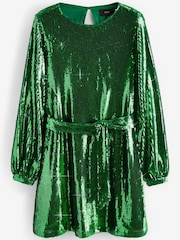 Green Long Sleeve Belted Sequin Mini Dress - Image 5 of 6