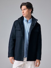 Navy Blue Texture Four Pocket Padded Coat with Wool - Image 1 of 11