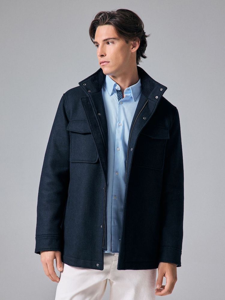 Navy Blue Texture Four Pocket Padded Coat with Wool - Image 1 of 11