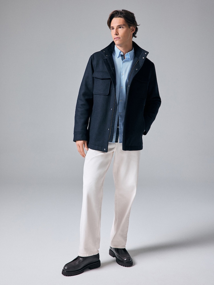 Navy Blue Texture Four Pocket Padded Coat with Wool - Image 2 of 11