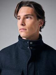 Navy Blue Texture Four Pocket Padded Coat with Wool - Image 4 of 11