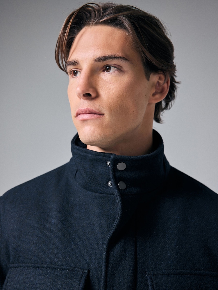 Navy Blue Texture Four Pocket Padded Coat with Wool - Image 4 of 11