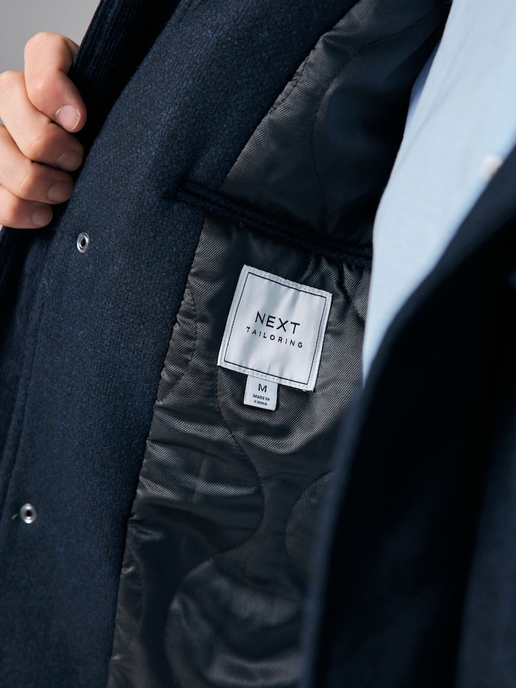 Navy Blue Texture Four Pocket Padded Coat with Wool - Image 6 of 11