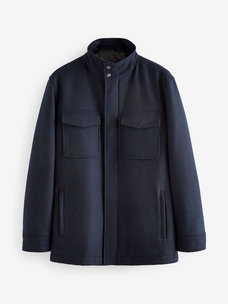 Navy Blue Texture Four Pocket Padded Coat with Wool - Image 7 of 11