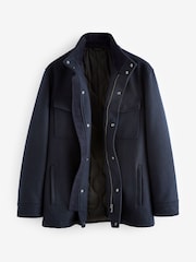 Navy Blue Texture Four Pocket Padded Coat with Wool - Image 8 of 11