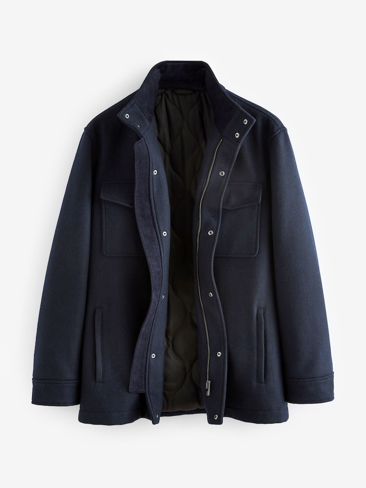 Navy Blue Texture Four Pocket Padded Coat with Wool - Image 8 of 11