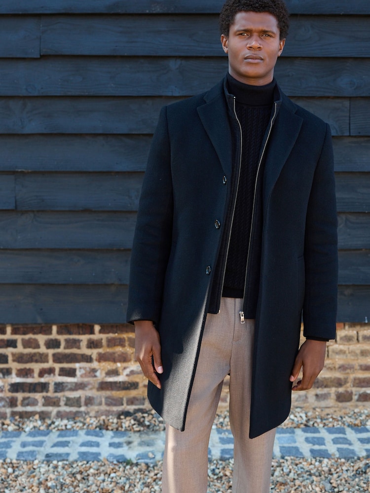 Black Signature Soft Touch Wool Rich Padded Italian Fabric Funnel Neck Coat - Image 2 of 12
