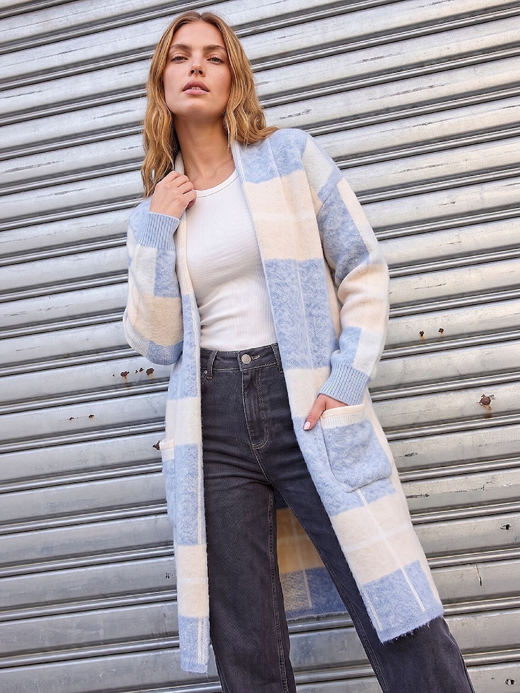 Roman Blue Check Longline Pocket Cardigan - Image 1 of 4 Roman Blue Check Longline Pocket Cardigan - Image 1 of 4