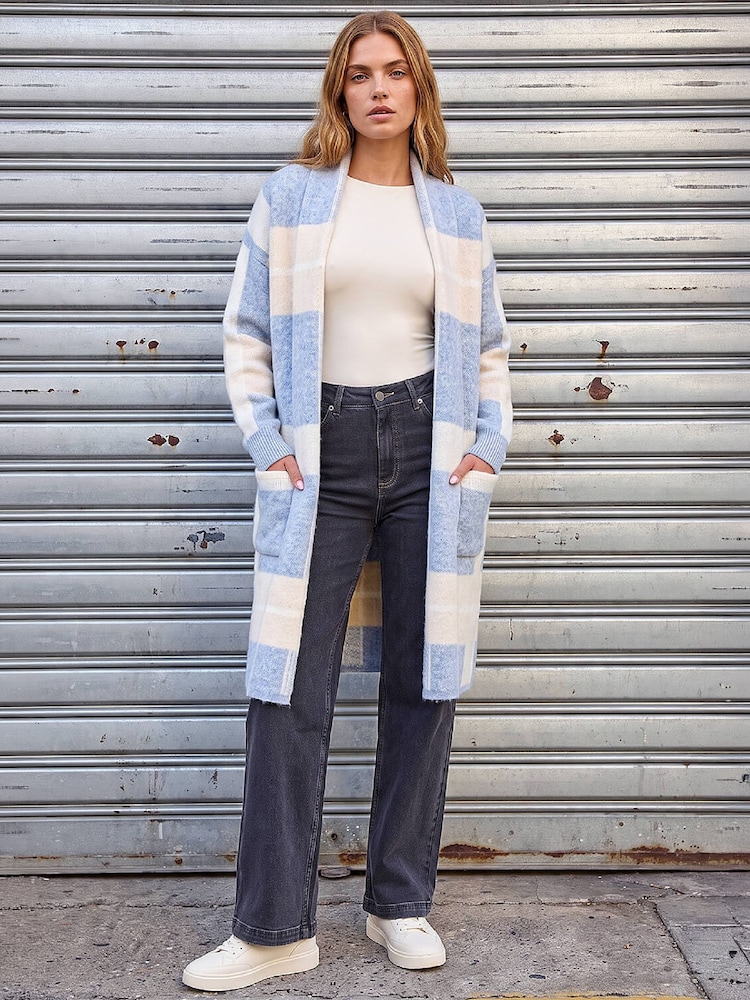 Roman Blue Check Longline Pocket Cardigan - Image 2 of 4 Roman Blue Check Longline Pocket Cardigan - Image 2 of 4