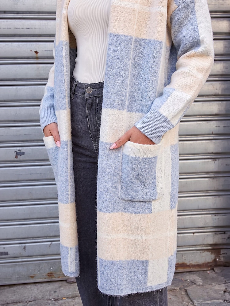 Roman Blue Check Longline Pocket Cardigan - Image 4 of 4 Roman Blue Check Longline Pocket Cardigan - Image 4 of 4