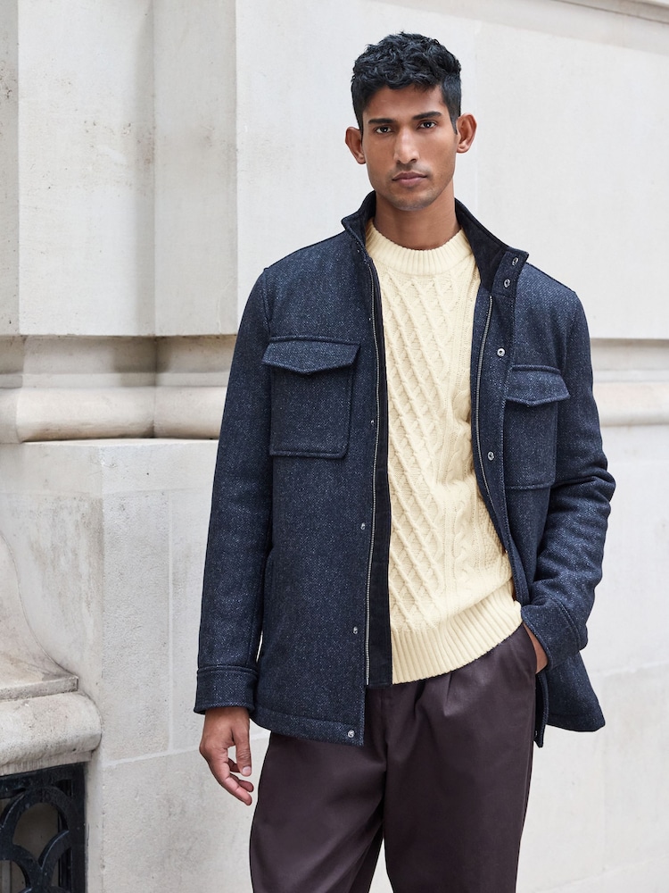 Charcoal Grey Donegal Texture Four Pocket Padded Coat with Wool - Image 1 of 10