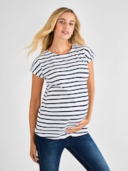 JoJo Maman Bébé White Navy Stripe Boyfriend Cotton Maternity T-Shirt - Image 1 of 4