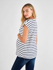 JoJo Maman Bébé White Navy Stripe Boyfriend Cotton Maternity T-Shirt - Image 2 of 4