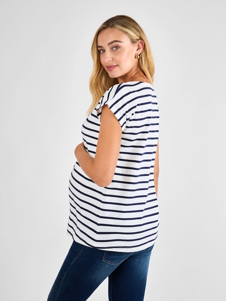 JoJo Maman Bébé White Navy Stripe Boyfriend Cotton Maternity T-Shirt - Image 2 of 4