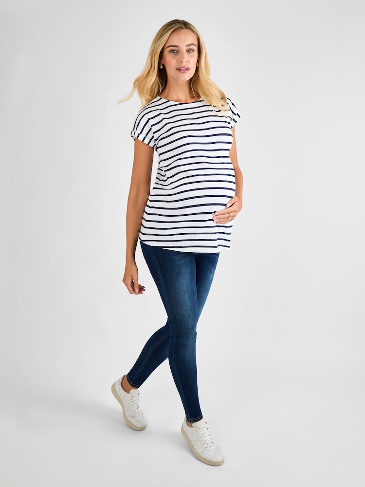 JoJo Maman Bébé White Navy Stripe Blue White Stripe Boyfriend Maternity Cotton T-Shirt - Image 3 of 4