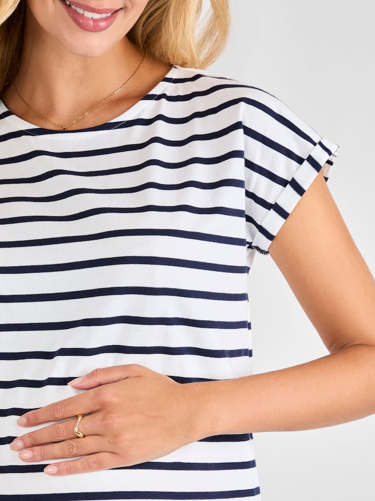 JoJo Maman Bébé White Navy Stripe Boyfriend Cotton Maternity T-Shirt - Image 4 of 4