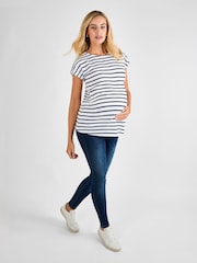 JoJo Maman Bébé White Navy Stripe Boyfriend Cotton Maternity T-Shirt - Image 5 of 6