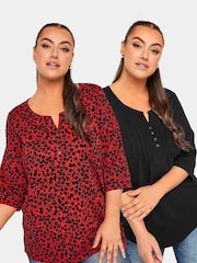 Yours Curve Red Pintuck Henley Top 2 Packs - Image 1 of 5