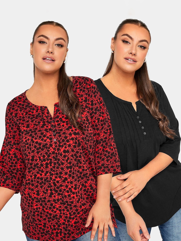 Yours Curve Red Pintuck Henley Top 2 Packs - Image 1 of 5