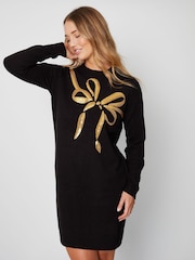 Threadbare Black Crew Neck Knitted Christmas Jumper Dress - Image 4 of 5