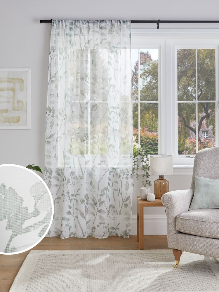 Green Isla Floral Printed Slot Top Unlined Sheer Panel Voile Curtain - Image 1 of 4