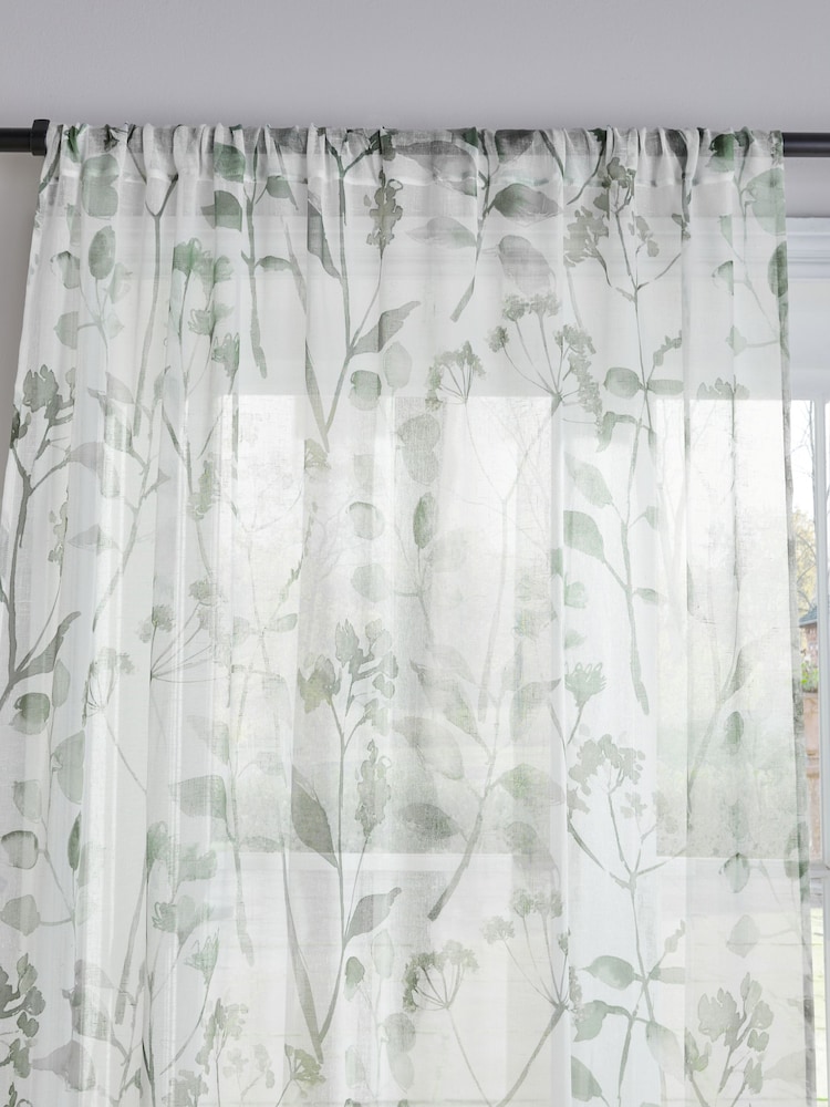 Green Isla Floral Printed Slot Top Unlined Sheer Panel Voile Curtain - Image 3 of 4