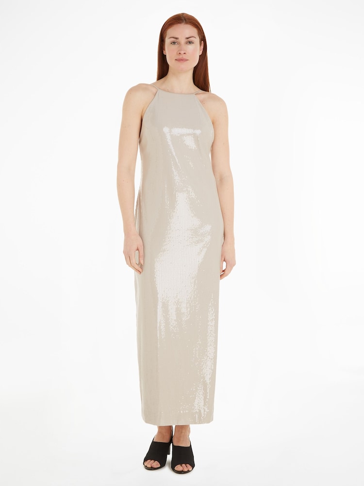 Calvin Klein Natural Sequin Halterneck Maxi Dress - Image 1 of 4 Calvin Klein Natural Sequin Halterneck Maxi Dress - Image 1 of 4