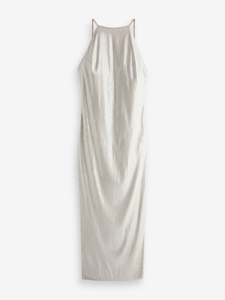 Calvin Klein Natural Sequin Halterneck Maxi Dress - Image 4 of 4 Calvin Klein Natural Sequin Halterneck Maxi Dress - Image 4 of 4