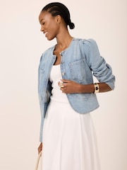 Mint Velvet Blue Collarless Denim Jacket - Image 2 of 8