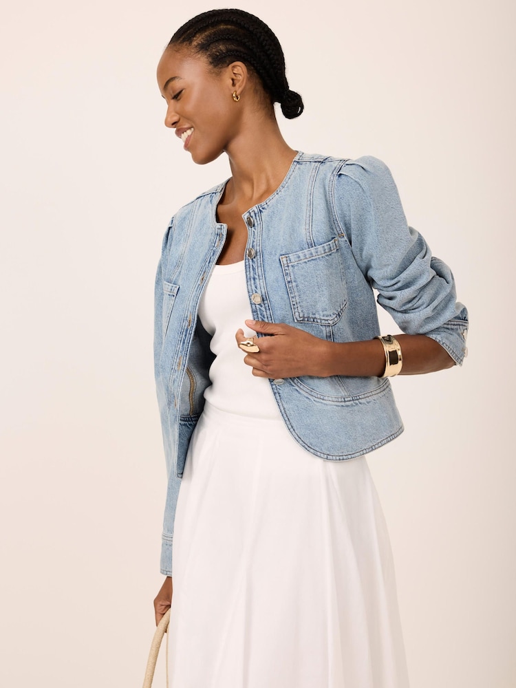 Mint Velvet Blue Collarless Denim Jacket - Image 2 of 8