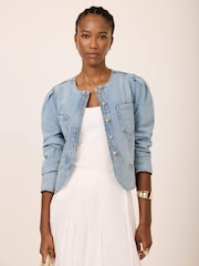 Mint Velvet Blue Collarless Denim Jacket - Image 3 of 8