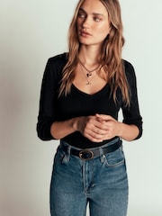 Boden Black Annie Cotton V-Neck Jersey Top - Image 1 of 6
