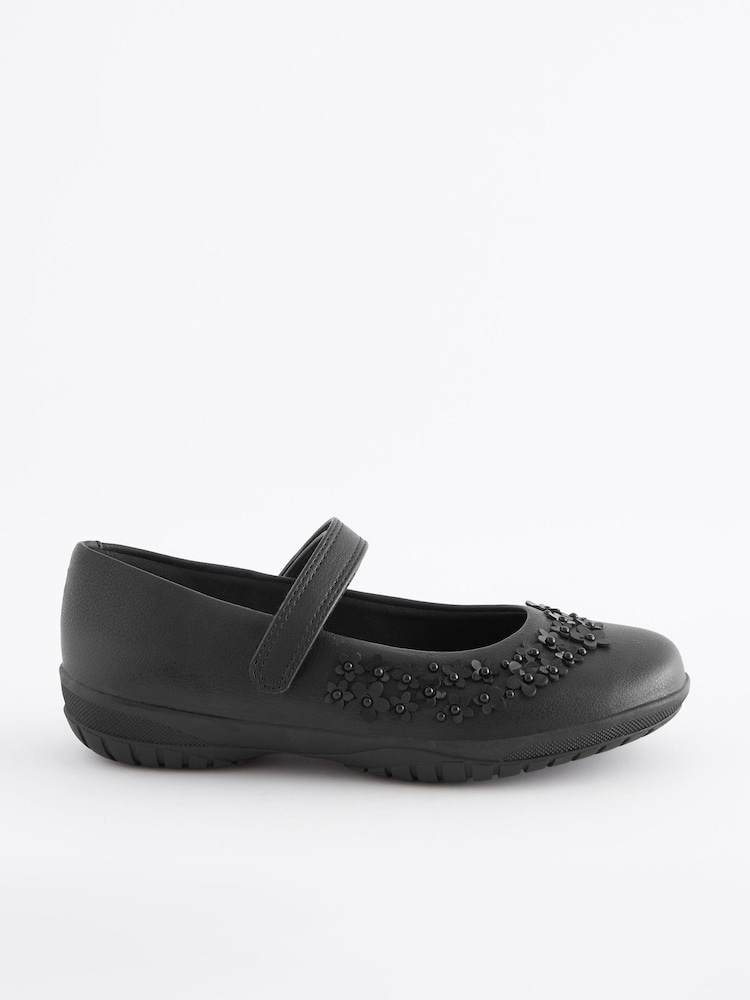 Black Standard Fit (F) School Flower Mary Jane Shoes - Image 2 of 5
