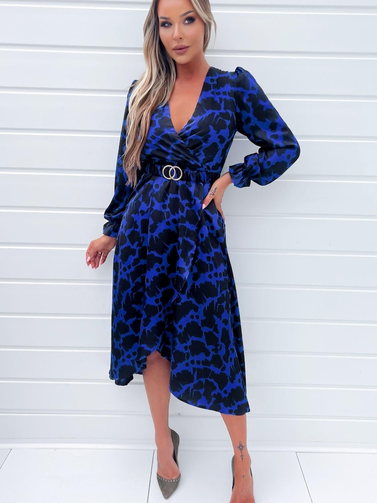 AX Paris Blue Cobalt And Black Print Long Sleeve Belted Wrap Midi Dress - Image 1 of 4